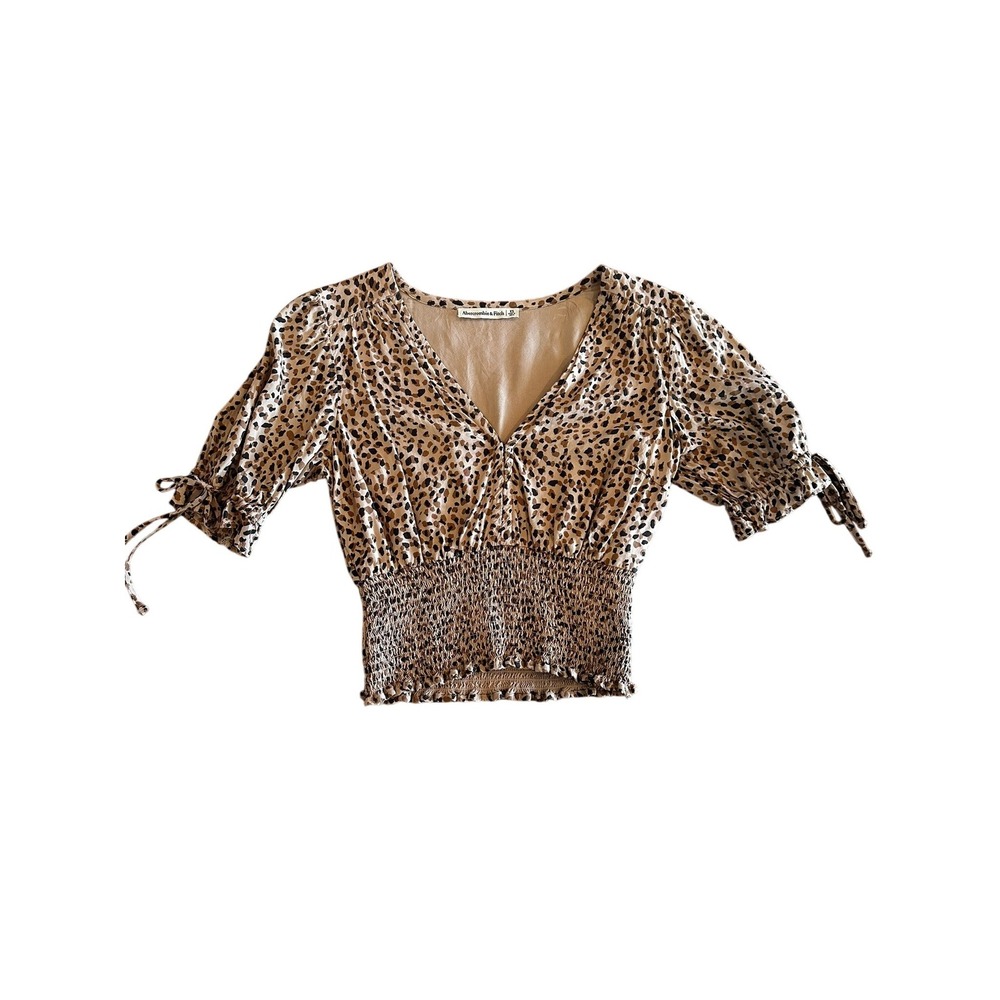 Abercrombie & Fitch Leopard Print Smocked Waist V-Neck Crop Top Tan Black XS